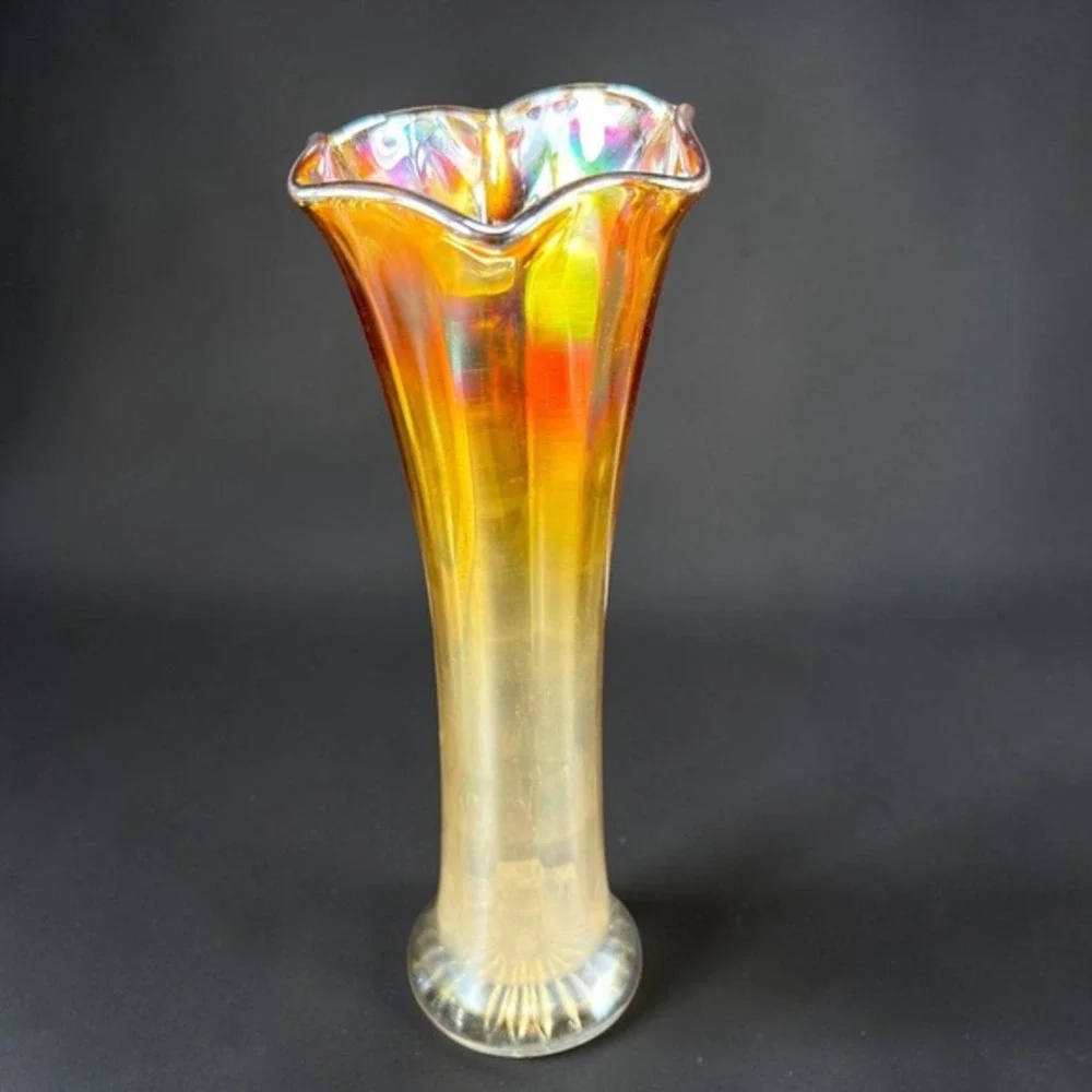 Vintage Marigold Carnival Glass‎ Iridescent Ruffled Trumpet Vase 8 Inch Sunburst